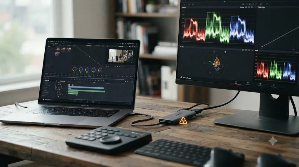Illustration of a laptop connected through a USB-C dock to a second monitor showing scopes, with a warning icon near an overloaded dock port
