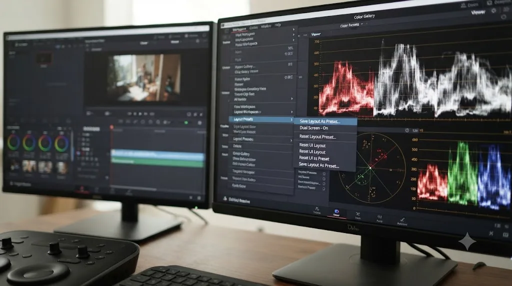 Illustration of DaVinci Resolve's Workspace Layout Presets menu with Save Layout As Preset selected, a scopes-only layout arranged in the background