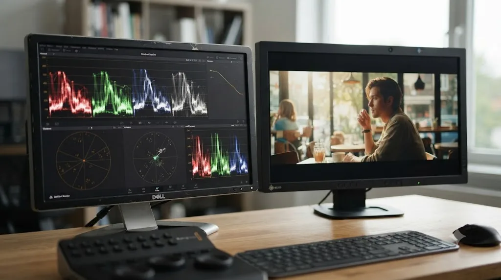 Illustration comparing a budget secondhand monitor dedicated to scopes against an expensive calibrated reference monitor showing a graded picture