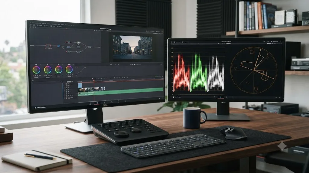 Illustration of a maximized DaVinci Resolve scopes window on a second monitor split into a two-up waveform and vectorscope layout