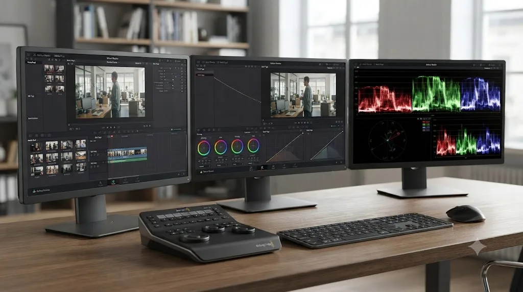 Illustration of a three-monitor DaVinci Resolve setup with the interface spread across two screens and a third screen showing only scopes