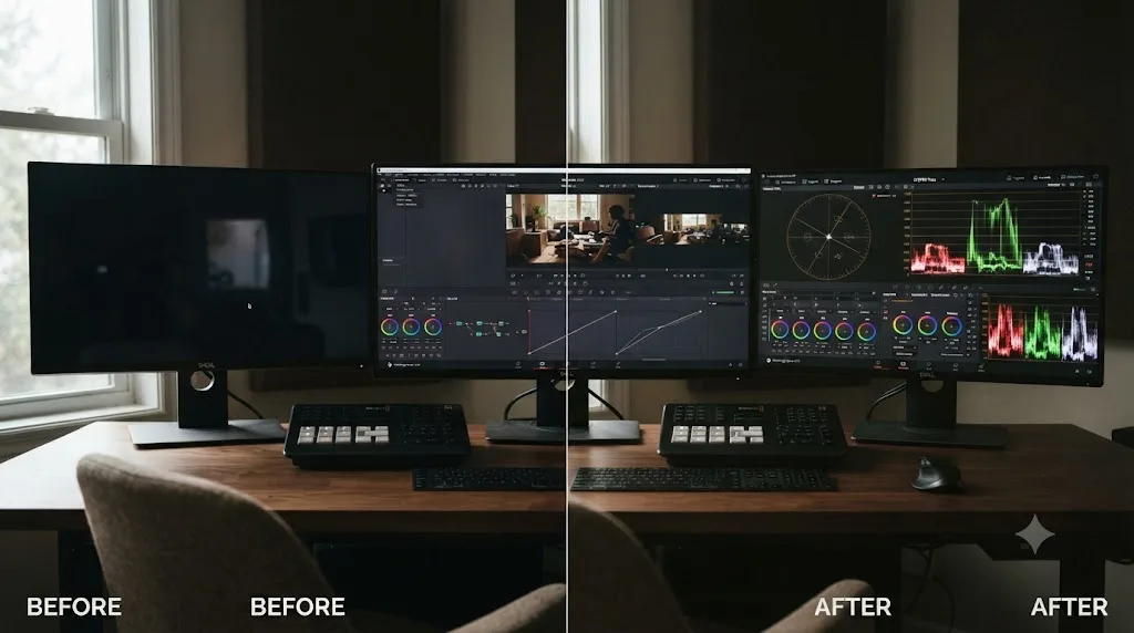 Illustration of a before and after comparison showing an unused second monitor, then the same setup with a DaVinci Resolve scopes layout fully arranged and saved as a preset