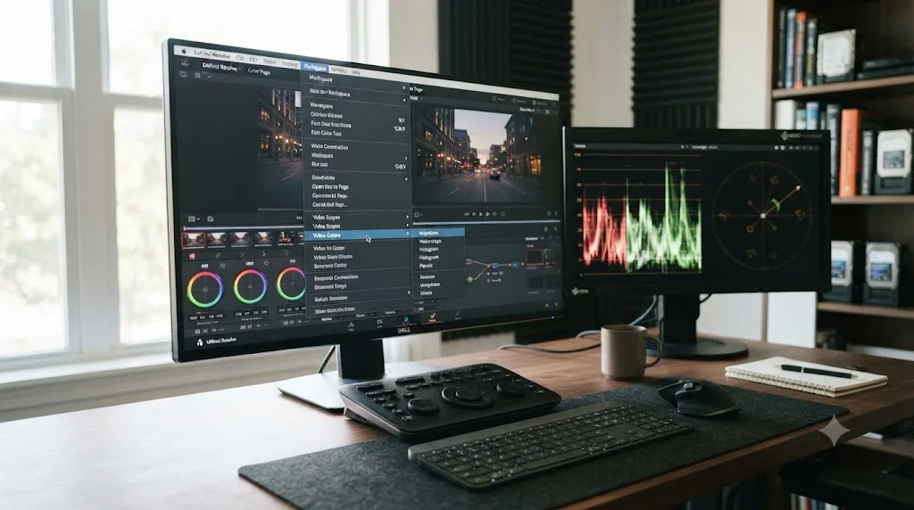 Illustration of DaVinci Resolve's Workspace menu with the Video Scopes submenu open, a second monitor visible in the background