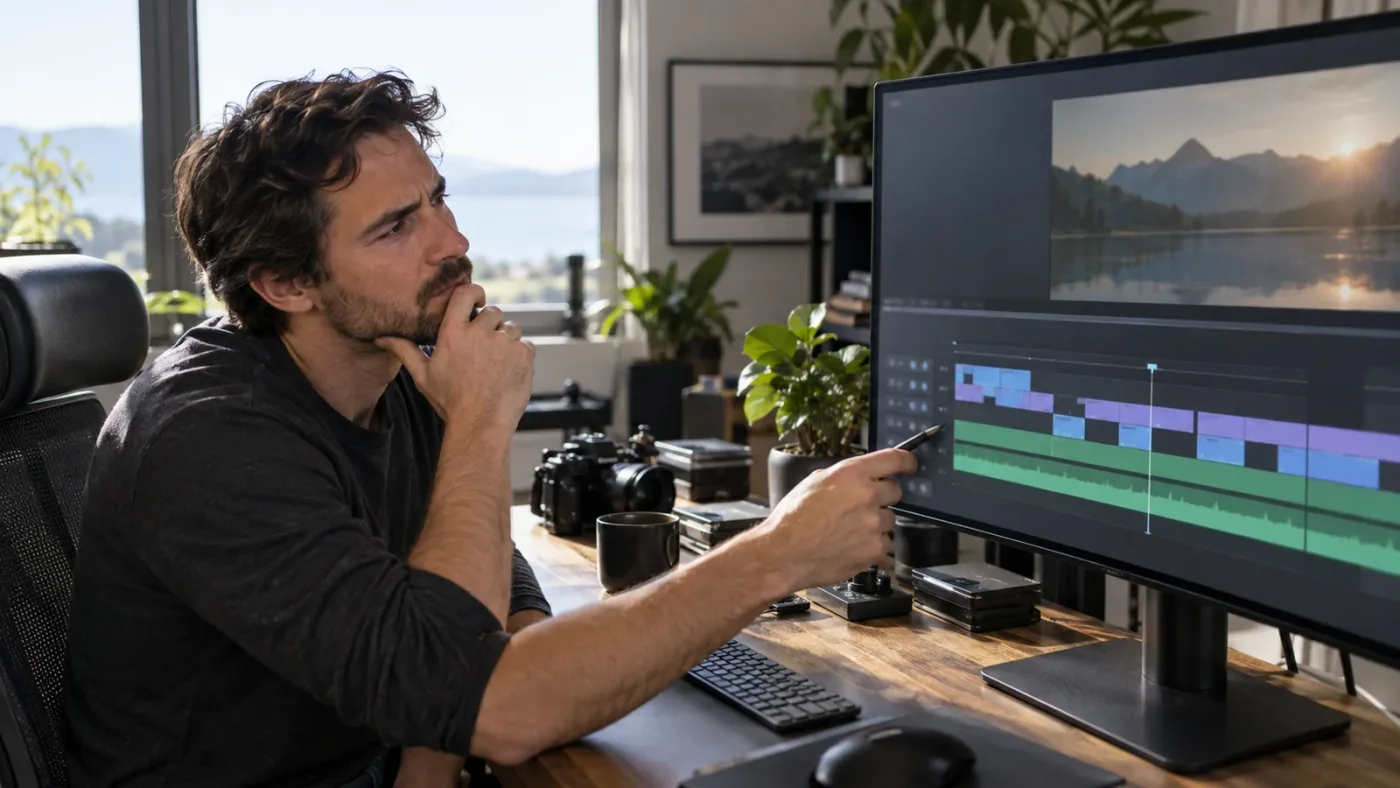 Illustration of on-screen guidance pointing to a DaVinci Resolve track control