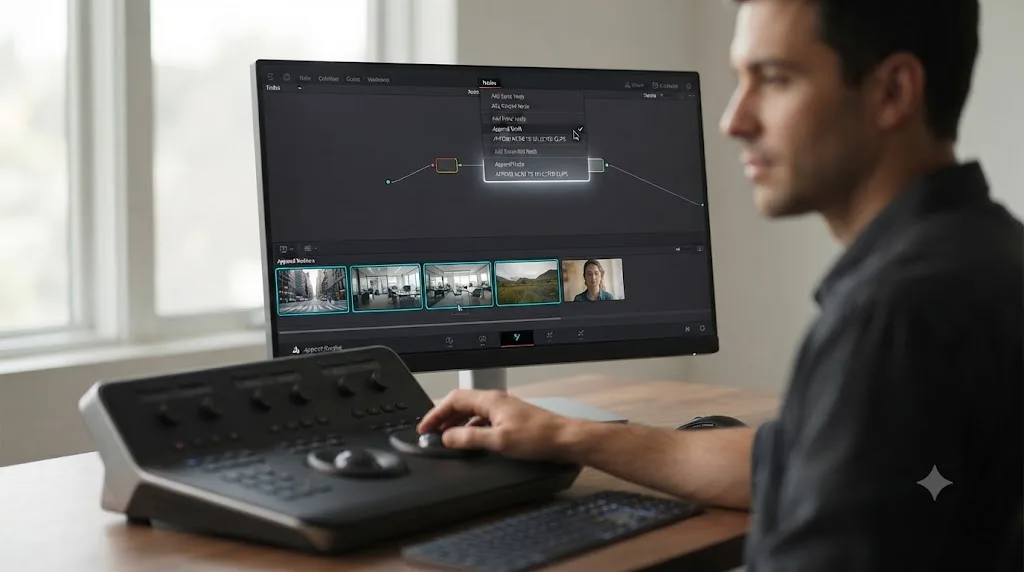 Illustration of multiple DaVinci Resolve clip thumbnails selected together before applying a shared node to all of them at once