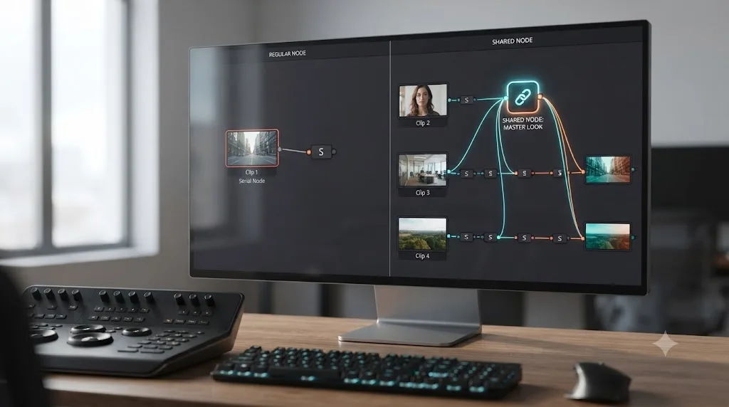 Illustration comparing a regular DaVinci Resolve node affecting one clip against a shared node linked across three clips