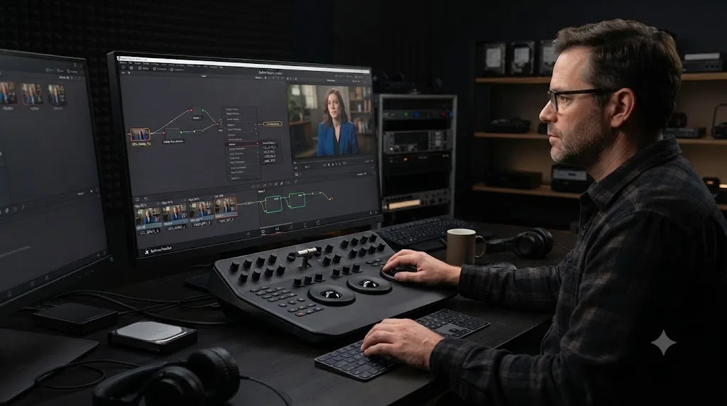Illustration of the Delete Shared Node submenu in DaVinci Resolve with clip thumbnails showing cleared node slots