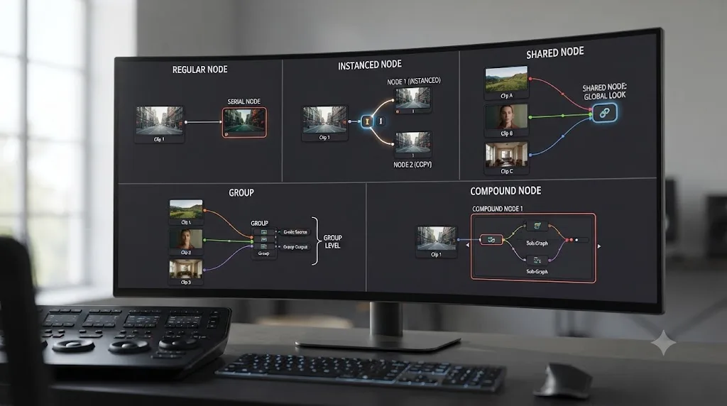 Illustration of a five-way diagram comparing regular nodes, instanced nodes, shared nodes, groups, and compound nodes in DaVinci Resolve