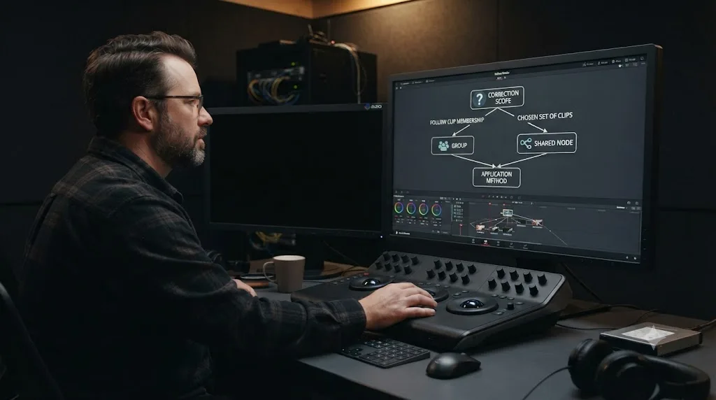 Illustration of a decision diagram choosing between a DaVinci Resolve Group and a shared node based on clip membership