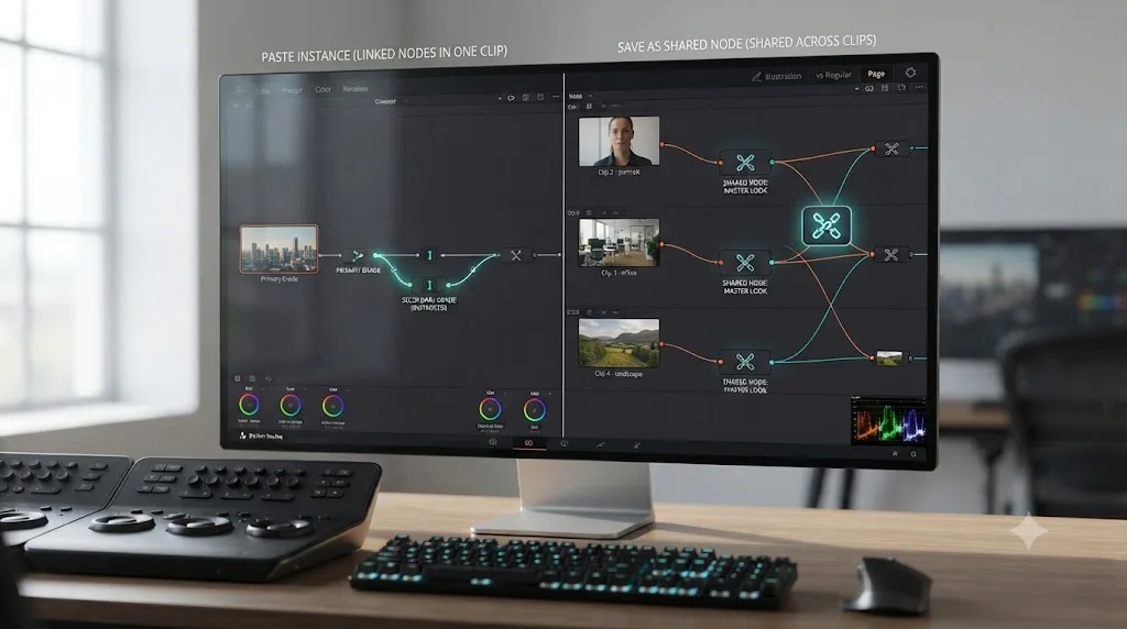 Illustration comparing DaVinci Resolve instanced nodes within one clip against shared nodes linked across several clips