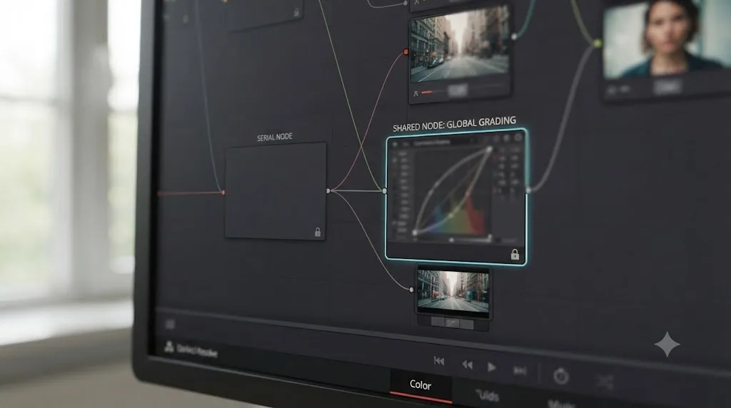 Illustration of a DaVinci Resolve shared node with a lock icon distinguishing it from a regular unlocked node