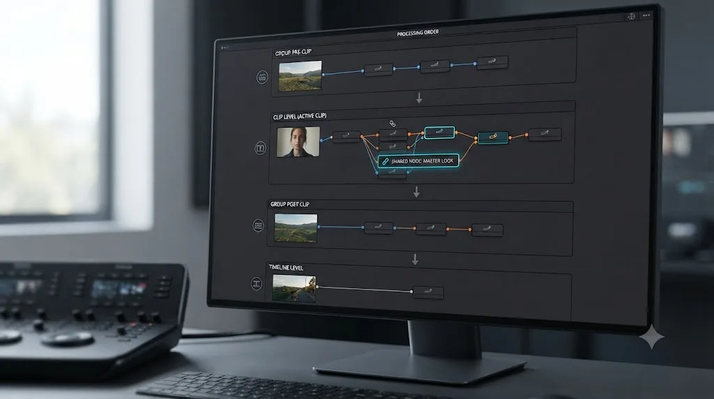 Illustration of the DaVinci Resolve node graph processing order from Group Pre-Clip through Clip, Group Post-Clip, and Timeline with a shared node highlighted at the Clip level