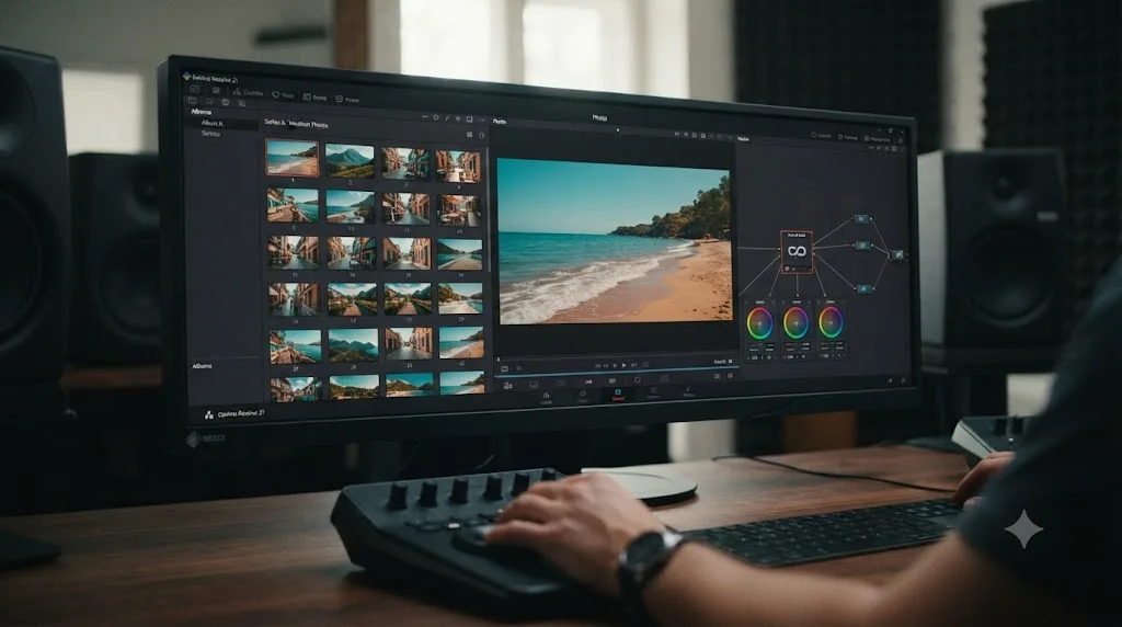 Illustration of the DaVinci Resolve 21 Photo page with a shared node applied across an entire album of photo thumbnails