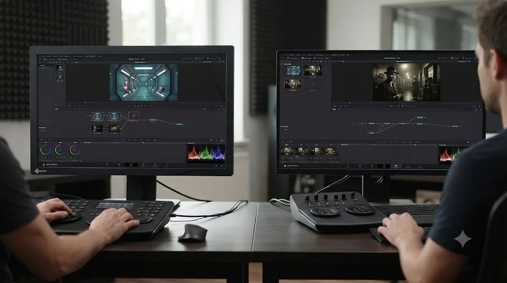 Illustration of a DaVinci Resolve shared node staying inside one project file, separate from a second project needing its own PowerGrade