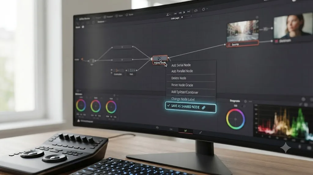 Illustration of the right-click context menu on a DaVinci Resolve node with the Save as Shared Node option highlighted
