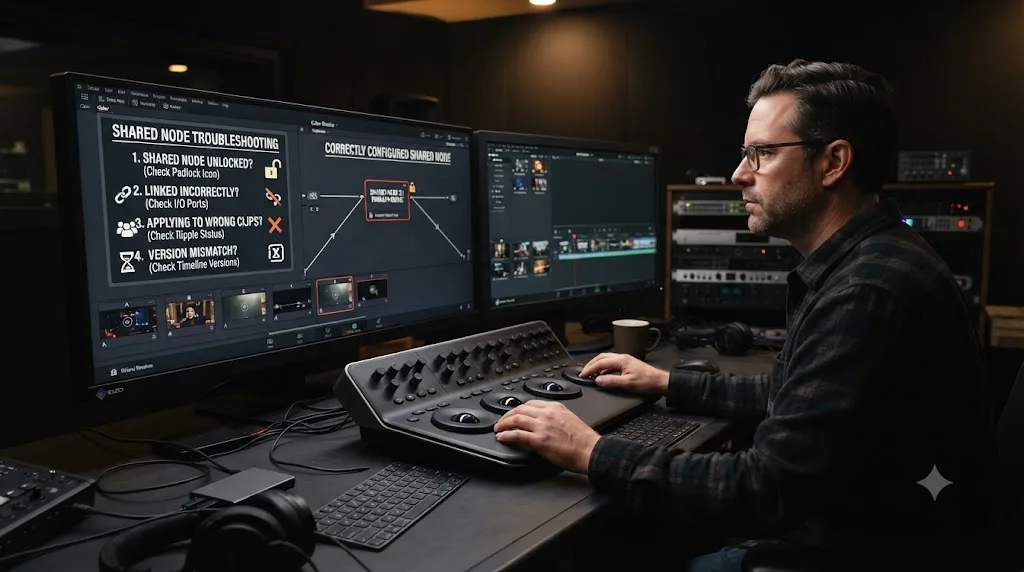 Illustration of a troubleshooting checklist for common DaVinci Resolve shared node problems next to a correctly configured example