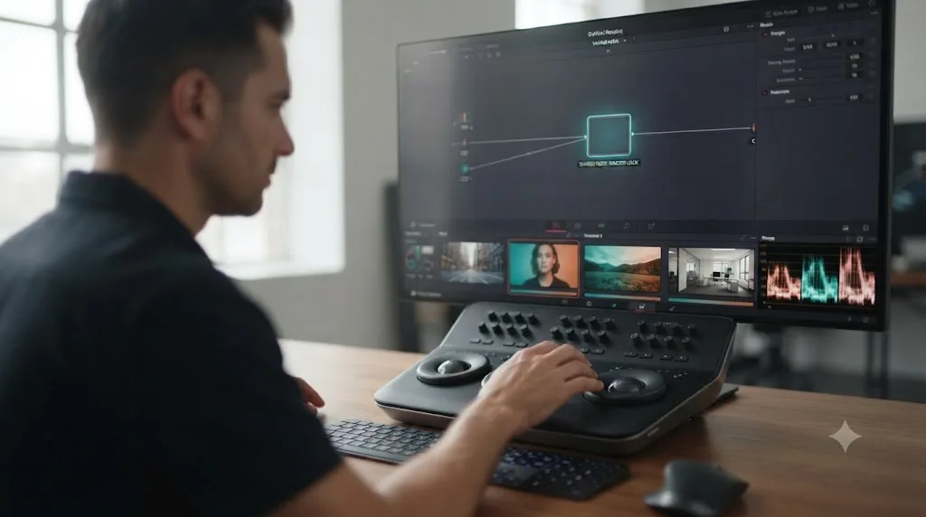Illustration of a colorist adjusting an unlocked DaVinci Resolve shared node while several linked clip thumbnails update at once