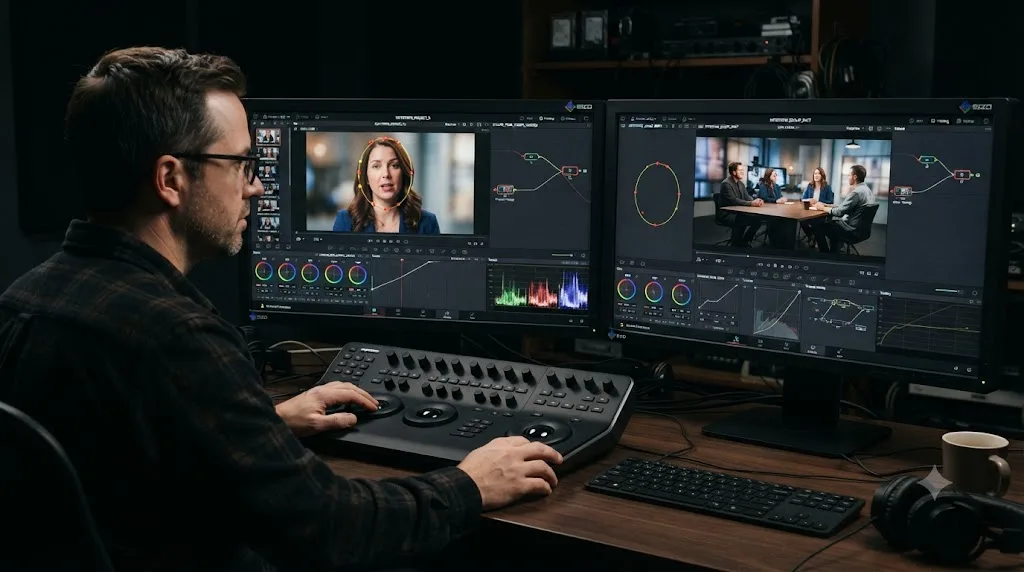 Illustration of a DaVinci Resolve shared node's tracked power window aligning correctly on one clip but misaligned on a differently framed clip