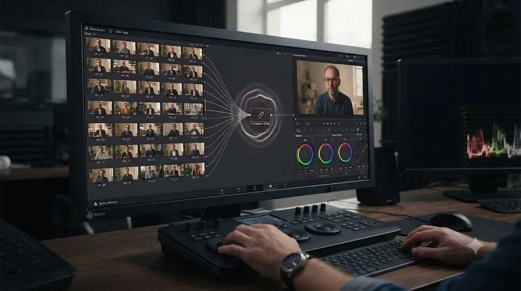 Illustration of a shared base node applied across thirty interview clips with one edit updating all of them simultaneously