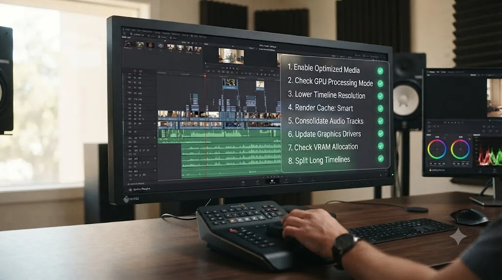 Illustration of a numbered troubleshooting checklist overlaid on a DaVinci Resolve timeline running smoothly again