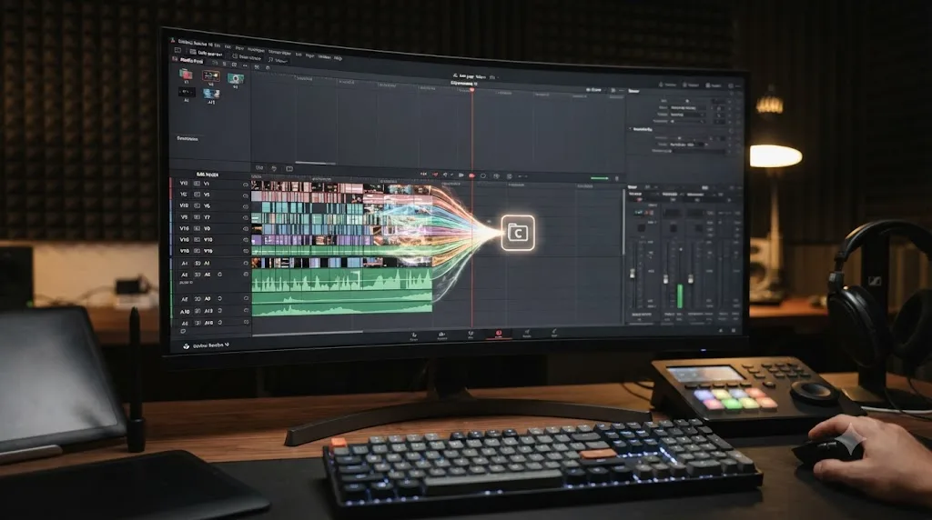 Illustration of several stacked DaVinci Resolve timeline tracks collapsing into a single compound clip