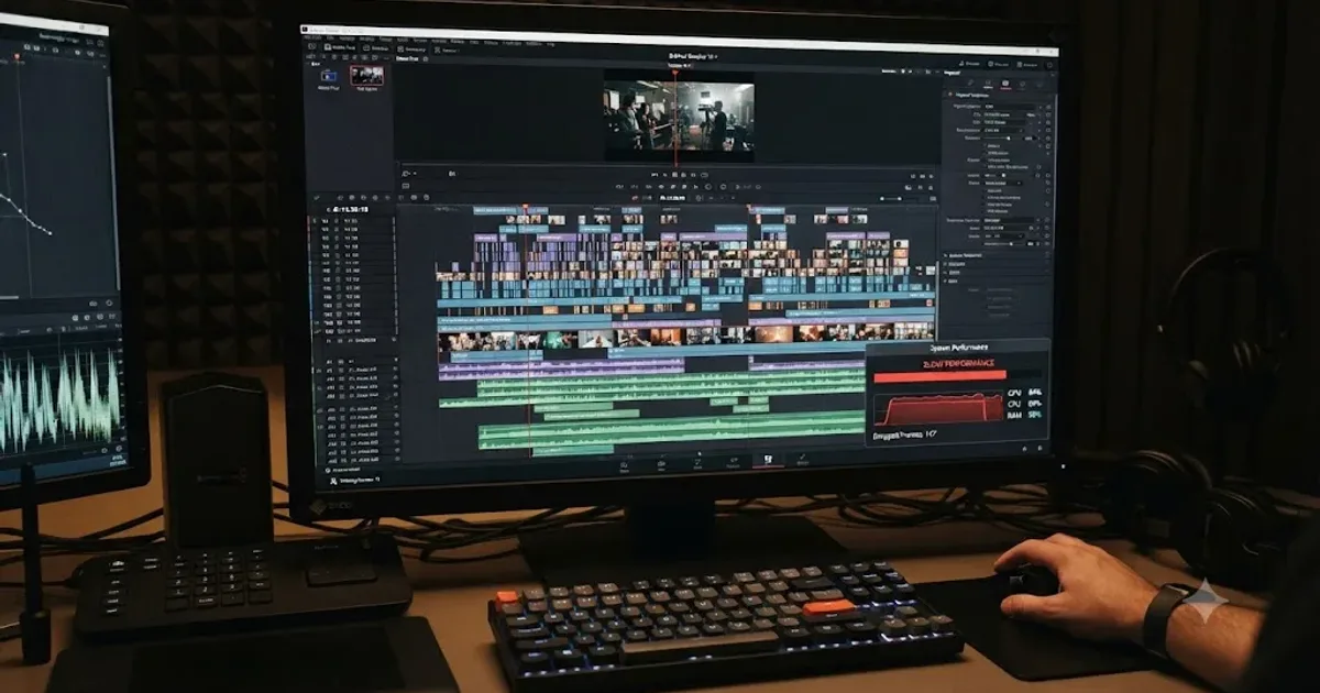 Illustration of a DaVinci Resolve timeline stacked with many video and audio tracks next to a slow performance indicator