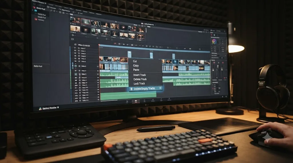 Illustration of a DaVinci Resolve track header right-click menu with the Delete Empty Tracks option highlighted