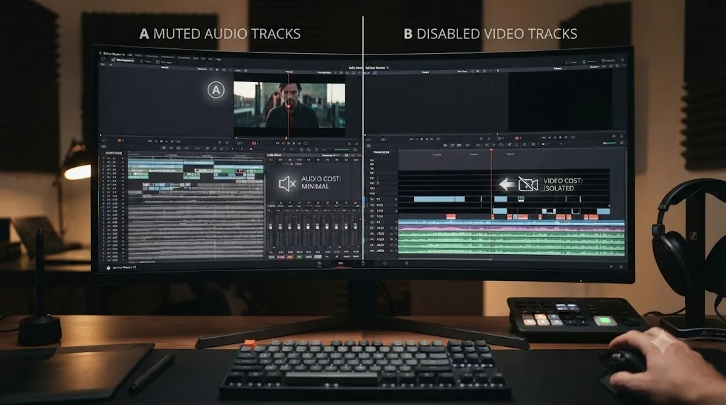 Illustration of a diagnostic test isolating video track compositing cost from audio track processing cost in DaVinci Resolve