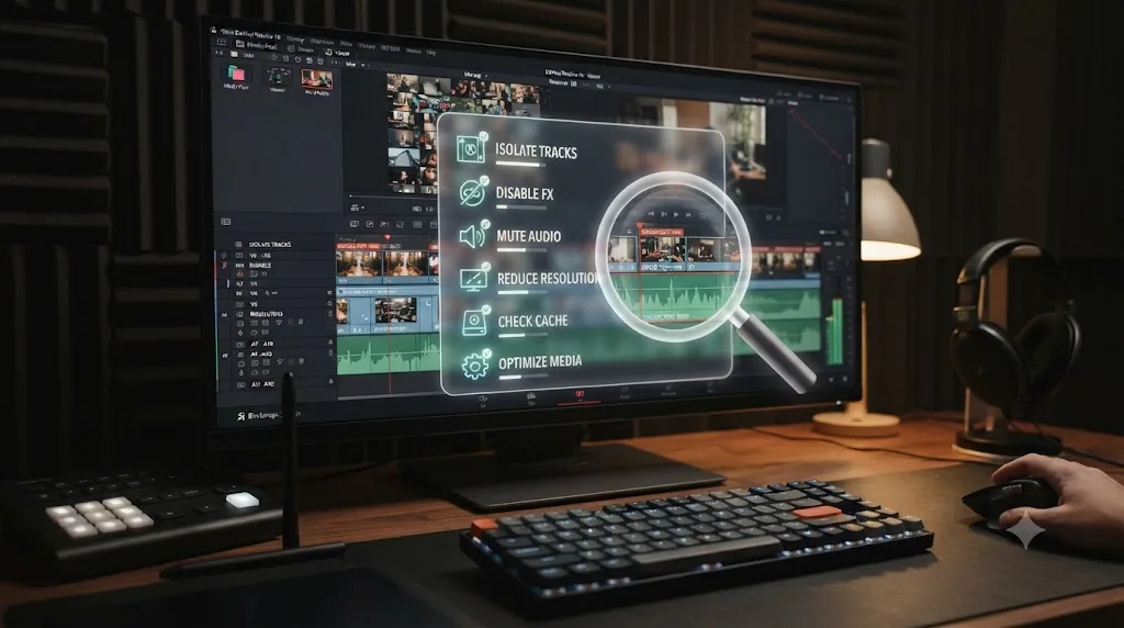 Illustration of a six-step diagnostic checklist for isolating a DaVinci Resolve slowdown caused by many tracks