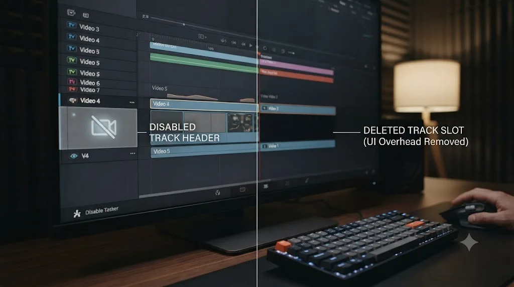 Illustration comparing a disabled DaVinci Resolve track header against a fully deleted track slot