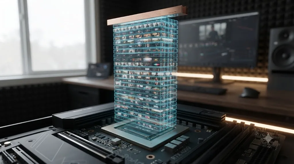 Illustration of a GPU's video memory filling up as multiple DaVinci Resolve video tracks are composited together