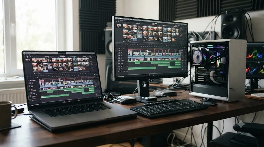 Illustration comparing a laptop and a desktop tower running the same heavy multi-track DaVinci Resolve timeline