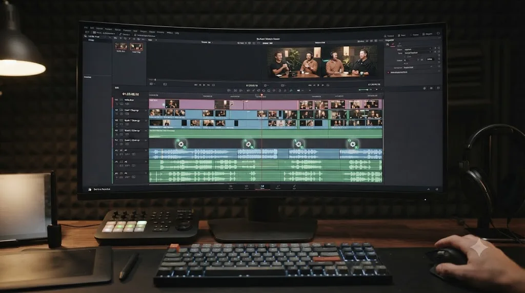 Illustration of a podcast DaVinci Resolve timeline with four camera angles and four microphone tracks each running live audio processing