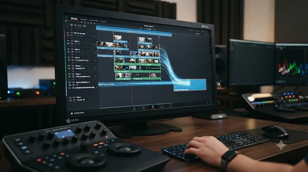 Illustration of DaVinci Resolve Render Cache flattening a stack of composited tracks into a single cached file
