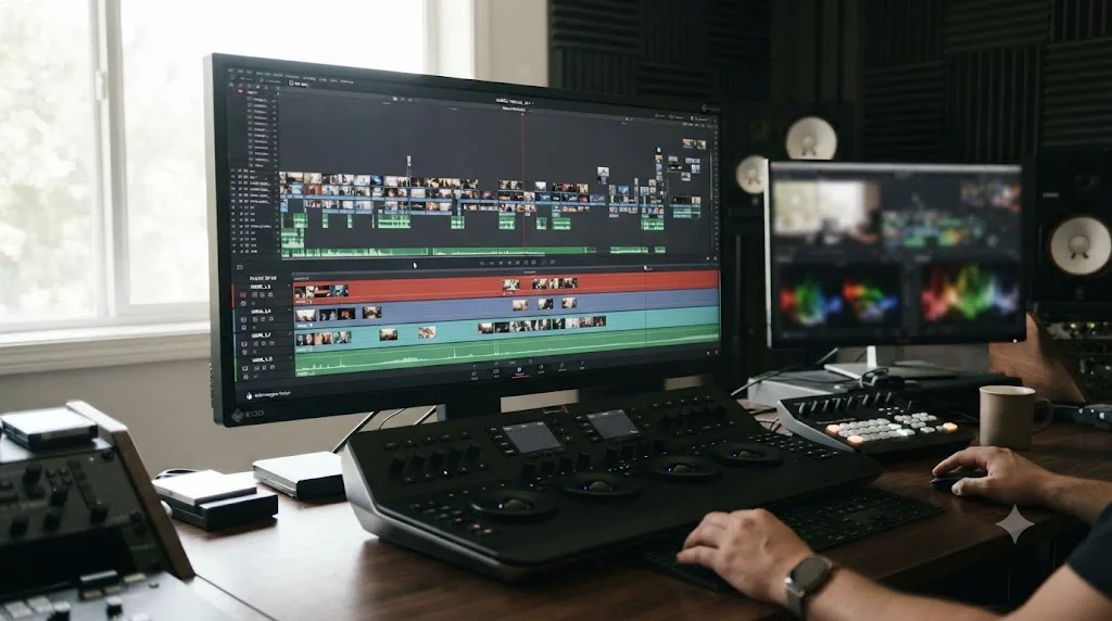 Illustration of one long DaVinci Resolve timeline splitting into several shorter, more manageable timelines