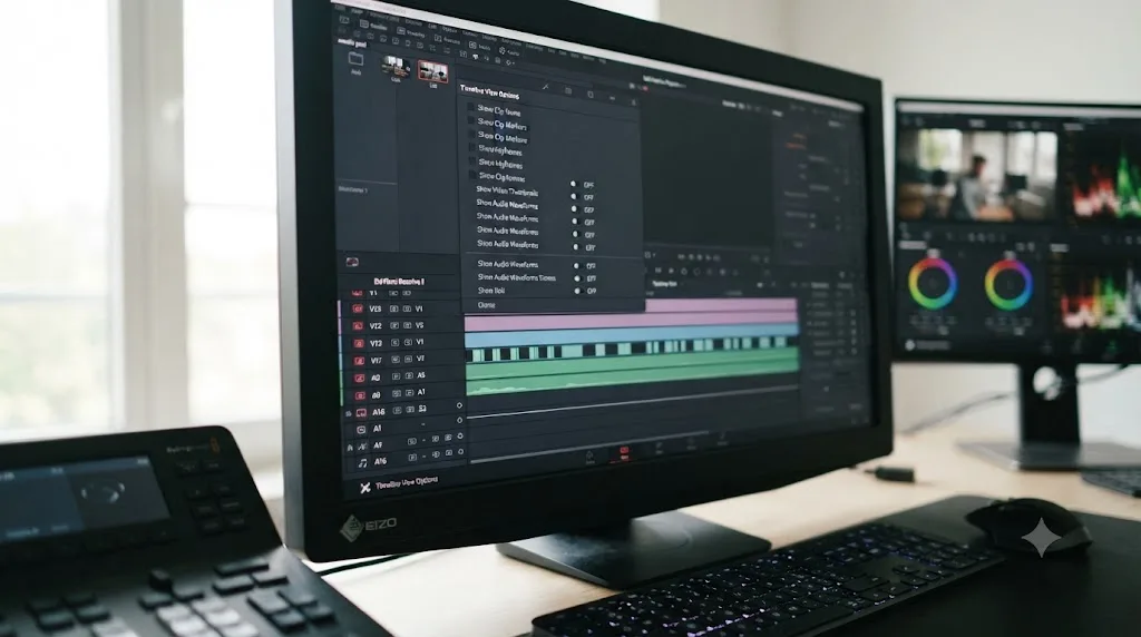 Illustration of DaVinci Resolve's Timeline View Options menu with thumbnails and audio waveforms toggled off