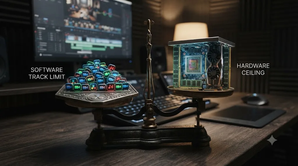Illustration of a scale weighing DaVinci Resolve's software track capacity against a computer's CPU, GPU, and RAM ceiling