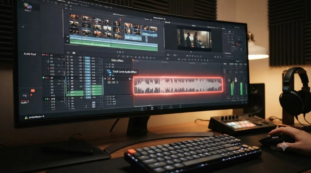 Illustration of a DaVinci Resolve track header with a Track Level Audio Effect recomputing a waveform in real time