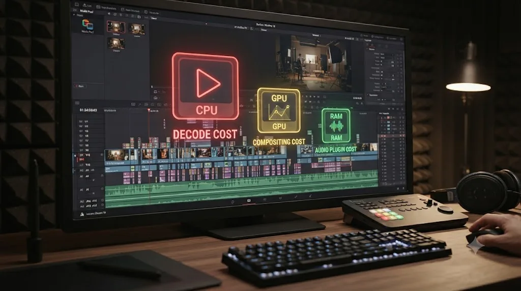 Illustration of DaVinci Resolve timeline tracks with decode, compositing, and audio plugin costs stacked on top of each other
