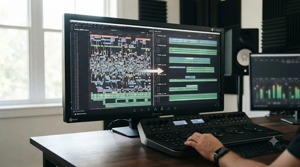 Illustration of a worked example fixing a slow DaVinci Resolve podcast timeline by flattening audio tracks and splitting episodes