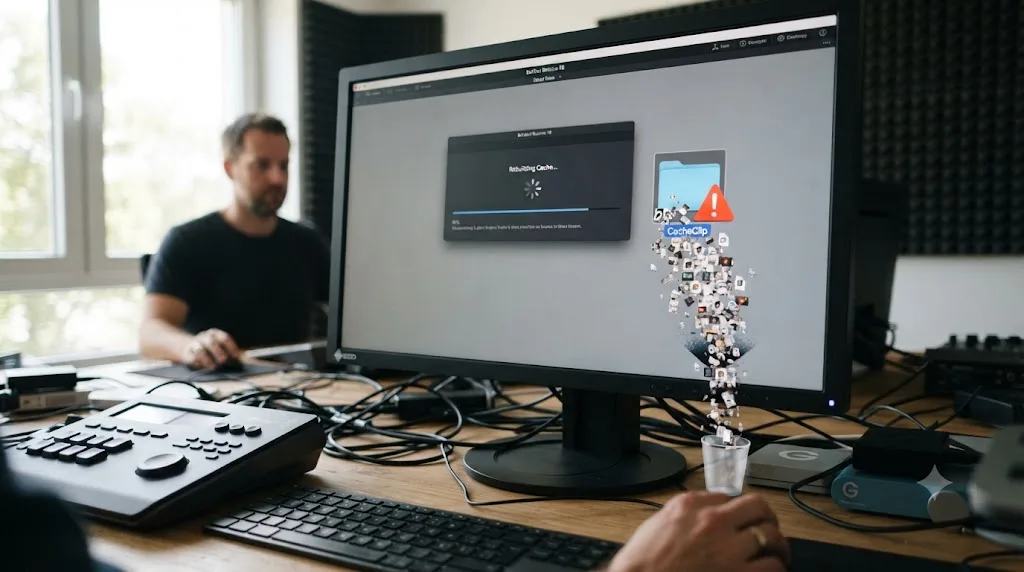 Illustration of a corrupted CacheClip folder being cleared before a DaVinci Resolve project reloads