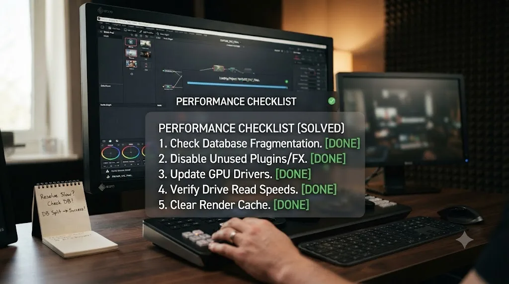Illustration of a numbered troubleshooting checklist overlaid on a large DaVinci Resolve project finishing loading quickly