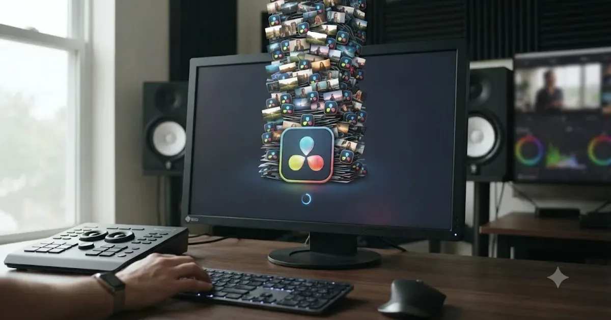 Illustration of a DaVinci Resolve project icon loading slowly under the weight of a large stack of media clips