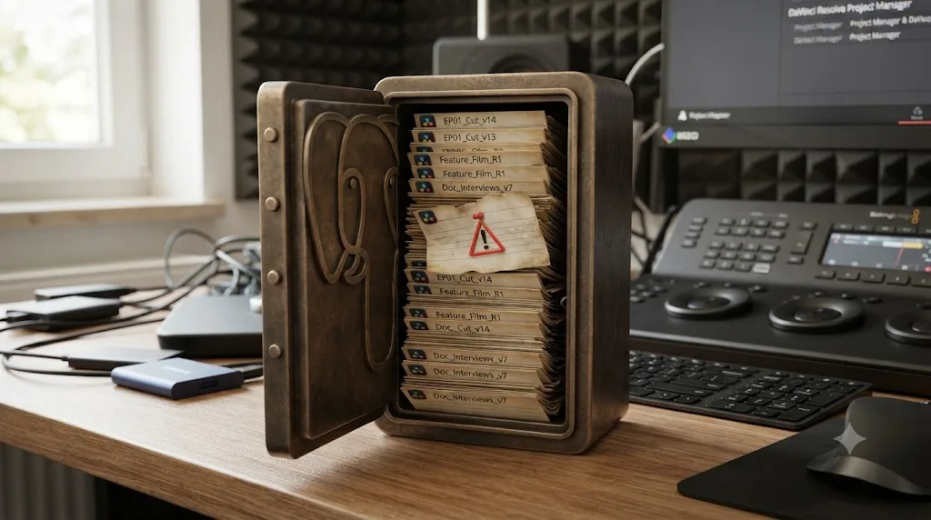 Illustration of a PostgreSQL database icon holding dozens of stacked DaVinci Resolve project records, one flagged with a warning