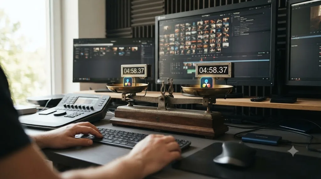 Illustration comparing DaVinci Resolve free and Studio versions showing identical large project load times on both
