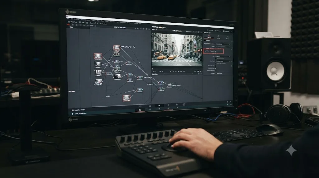 Illustration of DaVinci Resolve's Fusion Down Scale to Timeline Resolution setting being enabled to reduce project load