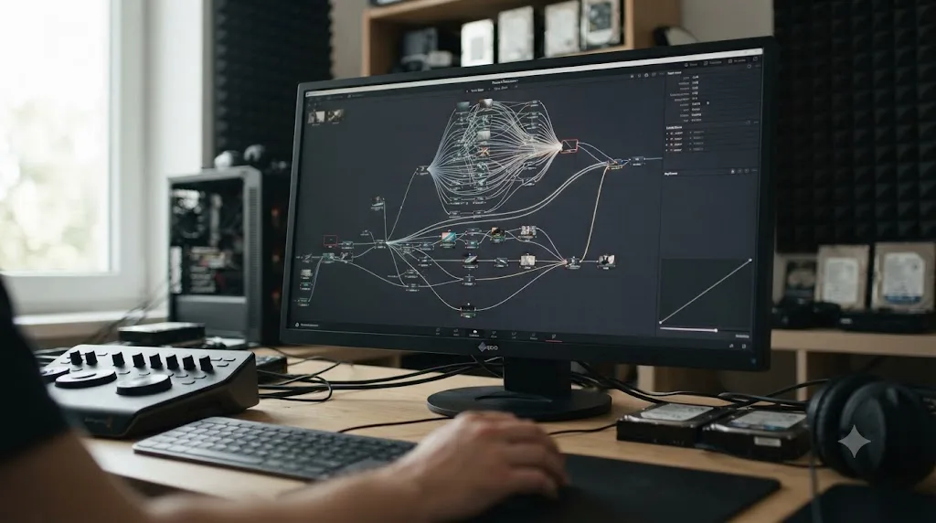 Illustration of a dense DaVinci Resolve Fusion node tree being reconstructed node by node during project load