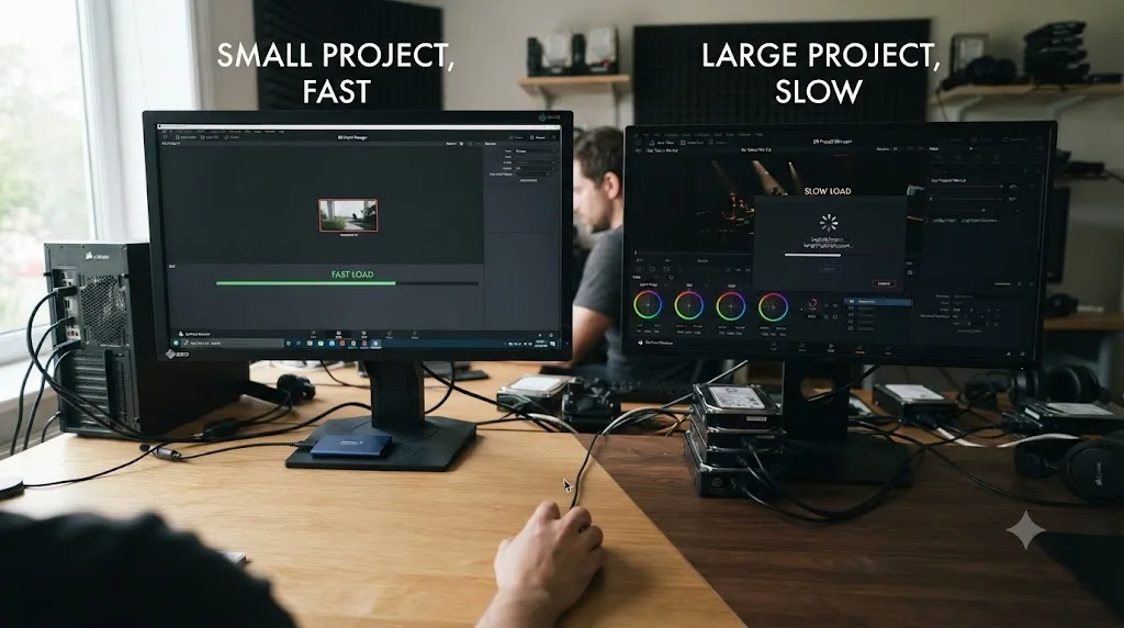 Illustration of a decision fork testing whether a small DaVinci Resolve project loads fast while a large one loads slowly