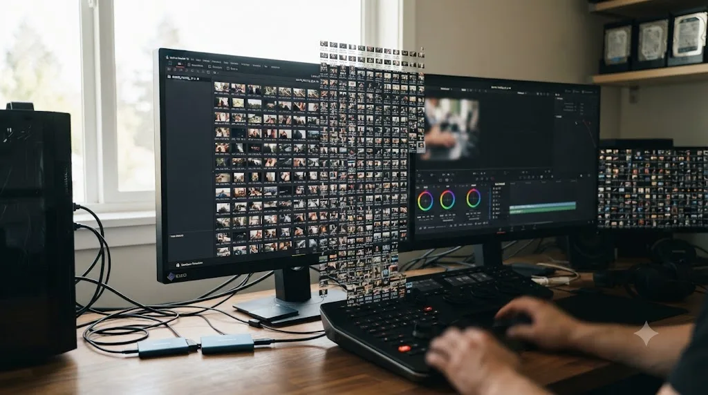 Illustration of a DaVinci Resolve Media Pool bin overflowing with thousands of clip thumbnails