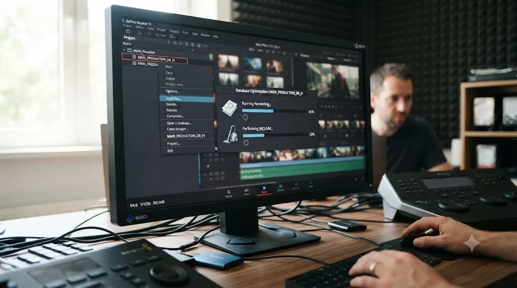 Illustration of the DaVinci Resolve Project Manager Optimize function running reindexing and vacuuming against a database